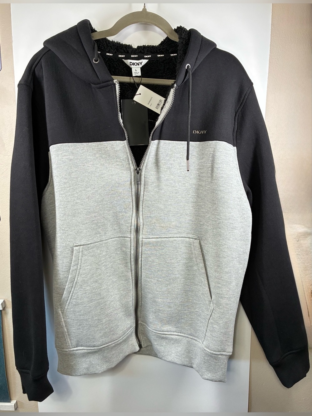 NWT DKNY Sherpa Lining Colorblock Full Zip Hoodie Black Gray Men's Size Large